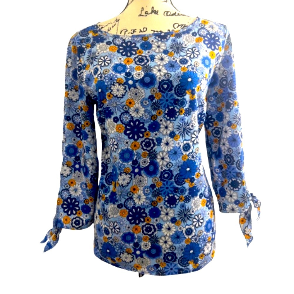 Dalia Blouse Top Blue & Yellow Blouse‎ Vibrant  Stylish Floral Print Size Medium